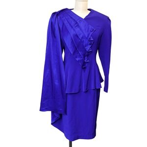 80s Neiman Marcus Royal Blue One Sleeve Draped Cape Vintage Party Cocktail Set
